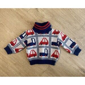 Vintage 80s Babybain Car Truck Print Turtleneck Sweater Size 24 Month 2T